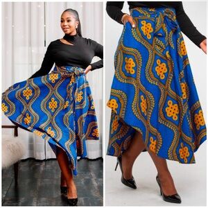 D'Iyanu African Print Flare Maxi Asymmetrical Skirt In Blue/Golden Yellow Size S